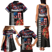Hawaii Statehood Day Family Matching Tank Maxi Dress and Hawaiian Shirt 50th state of the United States Kakau Tattoos and Hibiscus Grunge - Polynesian Pride