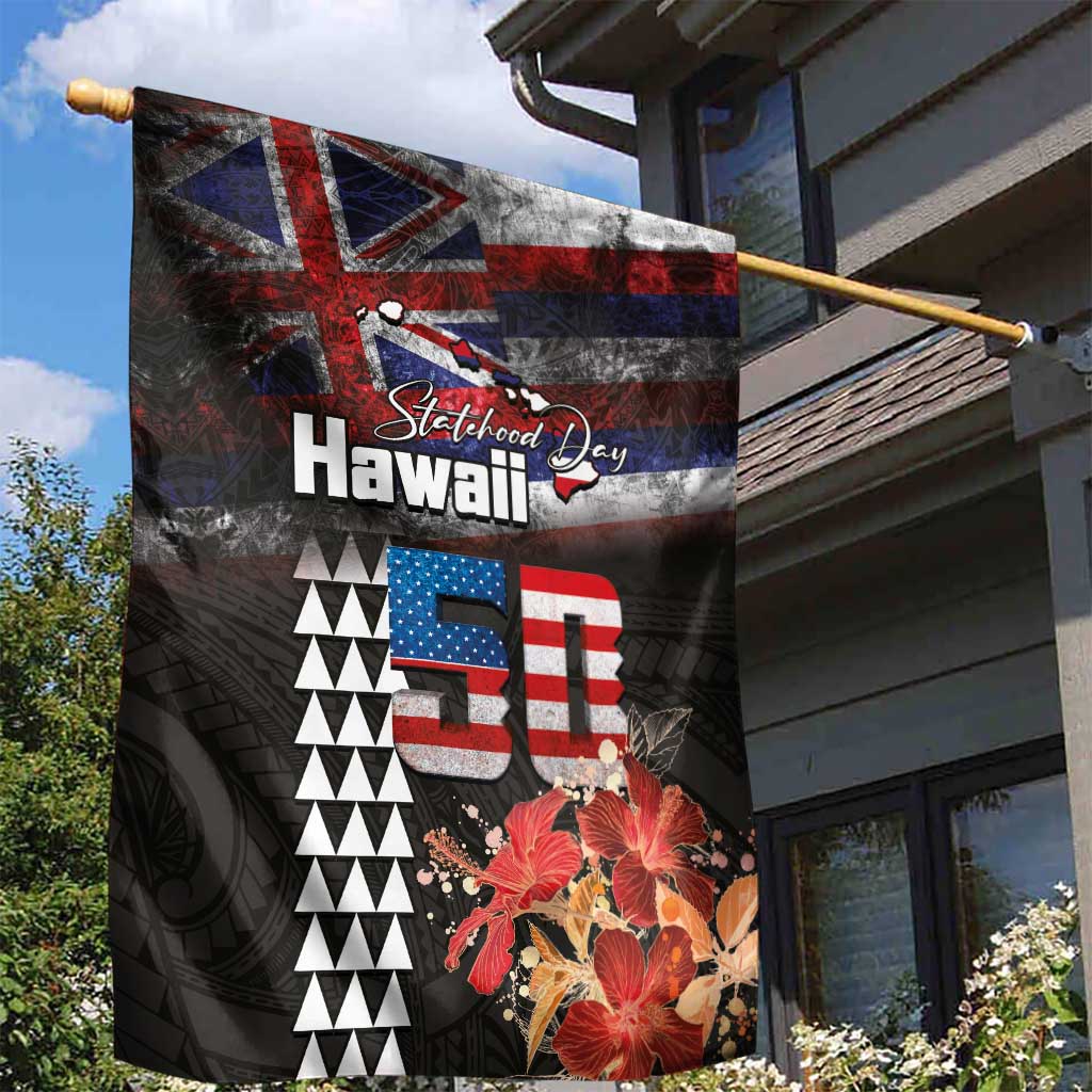 Hawaii Statehood Day Garden Flag 50th state of the United States Kakau Tattoos and Hibiscus Grunge - Polynesian Pride