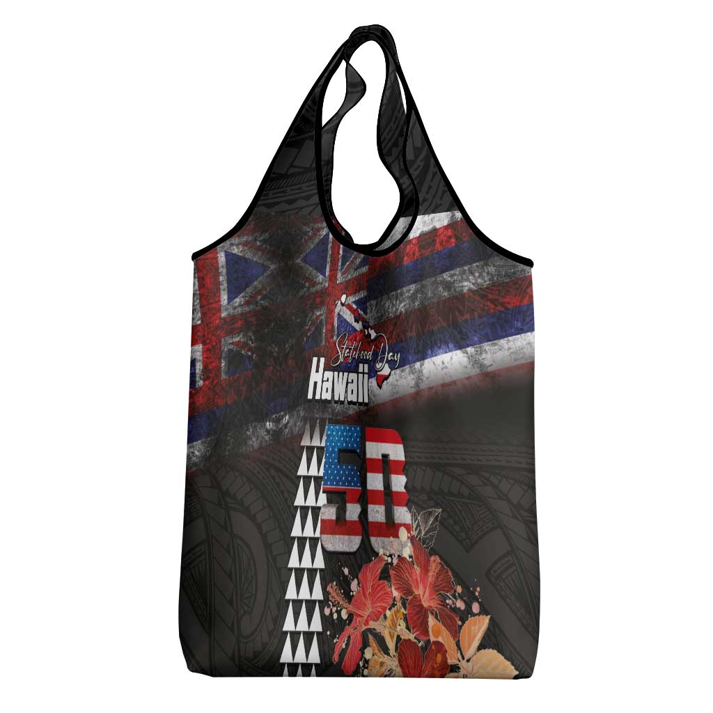 Hawaii Statehood Day Grocery Bag 50th state of the United States Kakau Tattoos and Hibiscus Grunge - Polynesian Pride