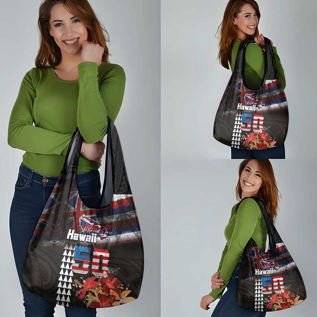 Hawaii Statehood Day Grocery Bag 50th state of the United States Kakau Tattoos and Hibiscus Grunge - Polynesian Pride