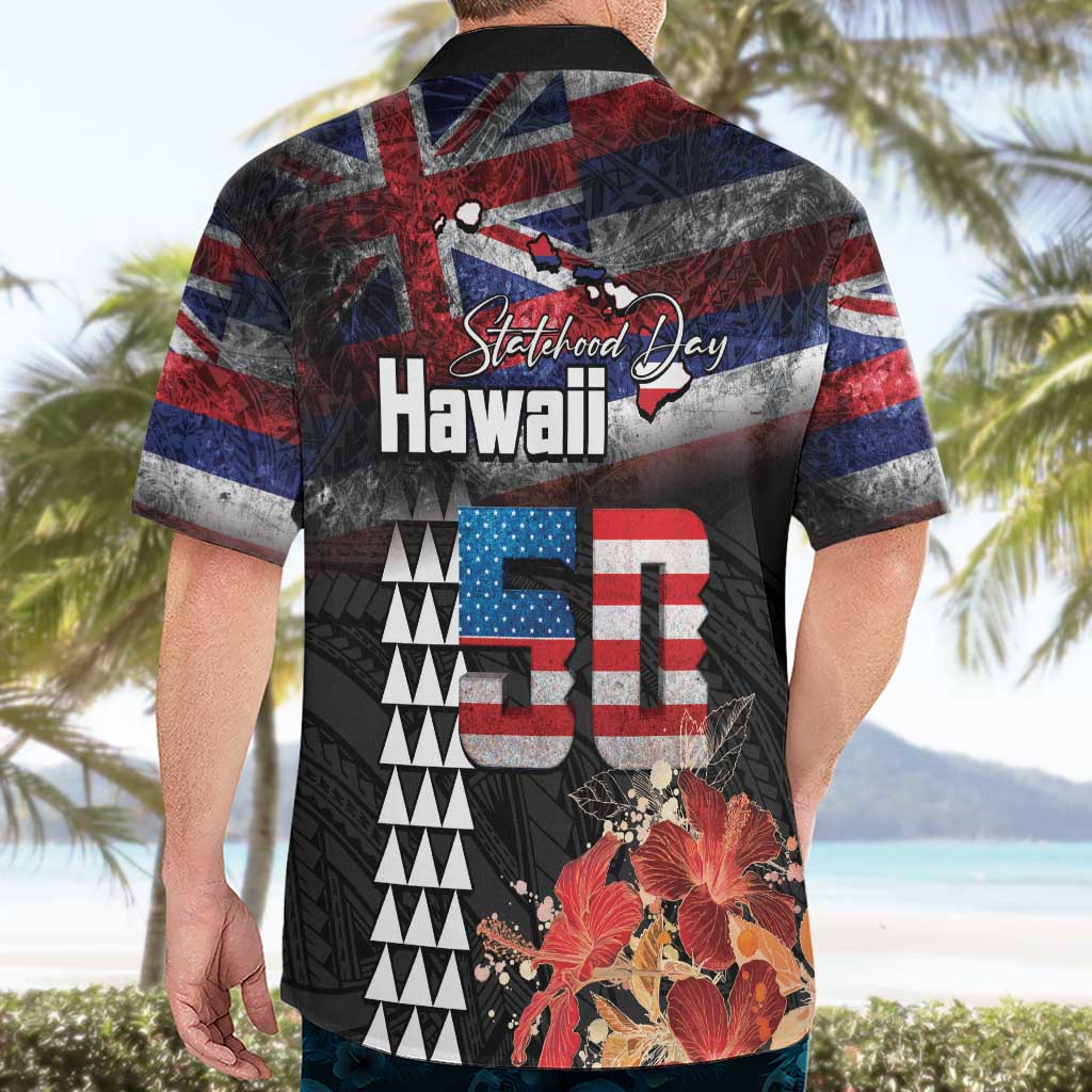 Hawaii Statehood Day Hawaiian Shirt 50th state of the United States Kakau Tattoos and Hibiscus Grunge - Polynesian Pride