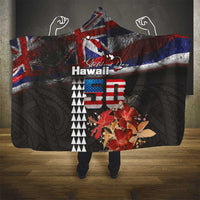 Hawaii Statehood Day Hooded Blanket 50th state of the United States Kakau Tattoos and Hibiscus Grunge - Polynesian Pride