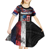 Hawaii Statehood Day Kid Short Sleeve Dress 50th state of the United States Kakau Tattoos and Hibiscus Grunge - Polynesian Pride