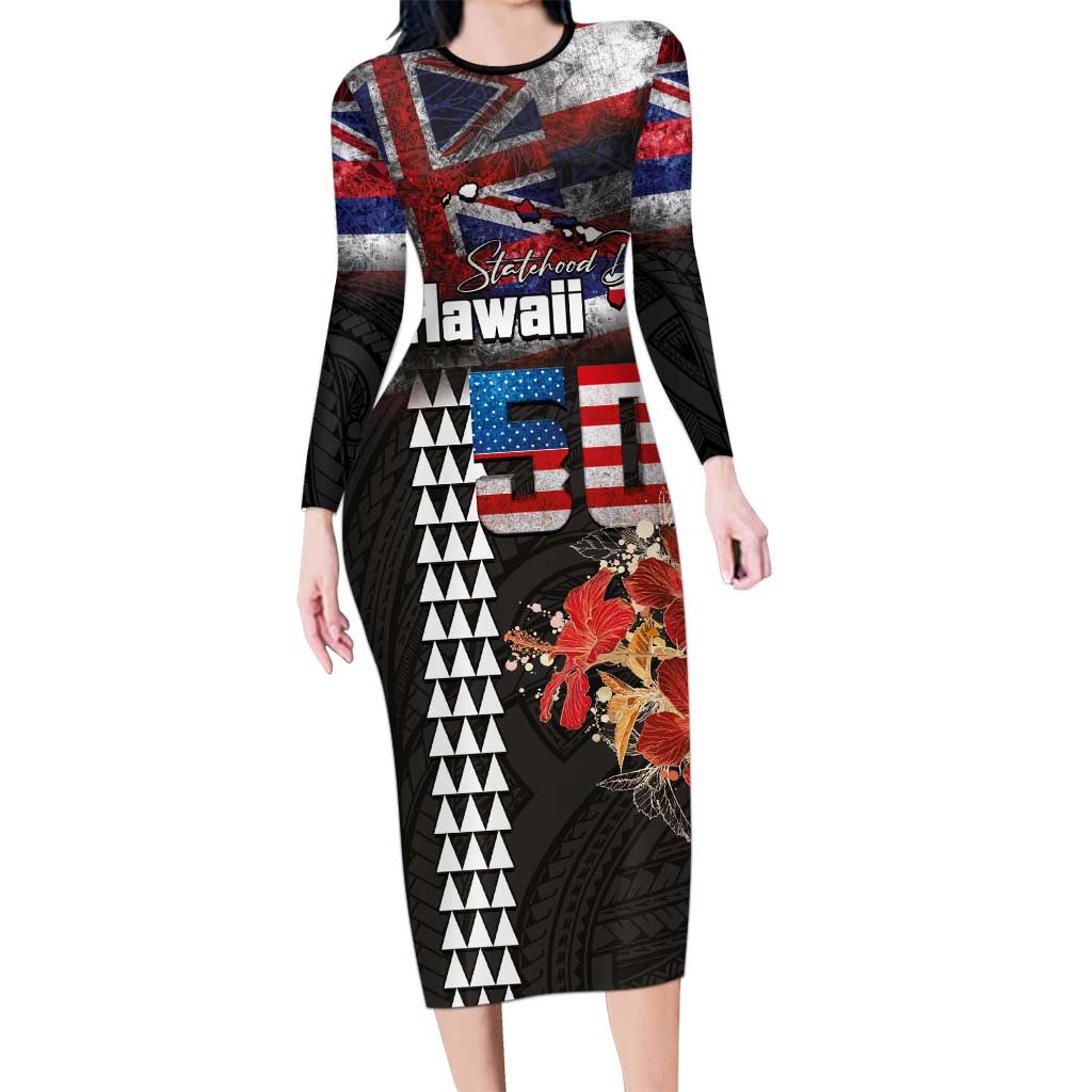 Hawaii Statehood Day Long Sleeve Bodycon Dress 50th state of the United States Kakau Tattoos and Hibiscus Grunge - Polynesian Pride