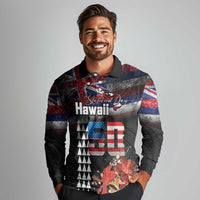 Hawaii Statehood Day Long Sleeve Polo Shirt 50th state of the United States Kakau Tattoos and Hibiscus Grunge - Polynesian Pride