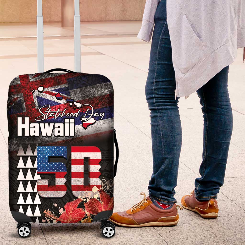 Hawaii Statehood Day Luggage Cover 50th state of the United States Kakau Tattoos and Hibiscus Grunge - Polynesian Pride