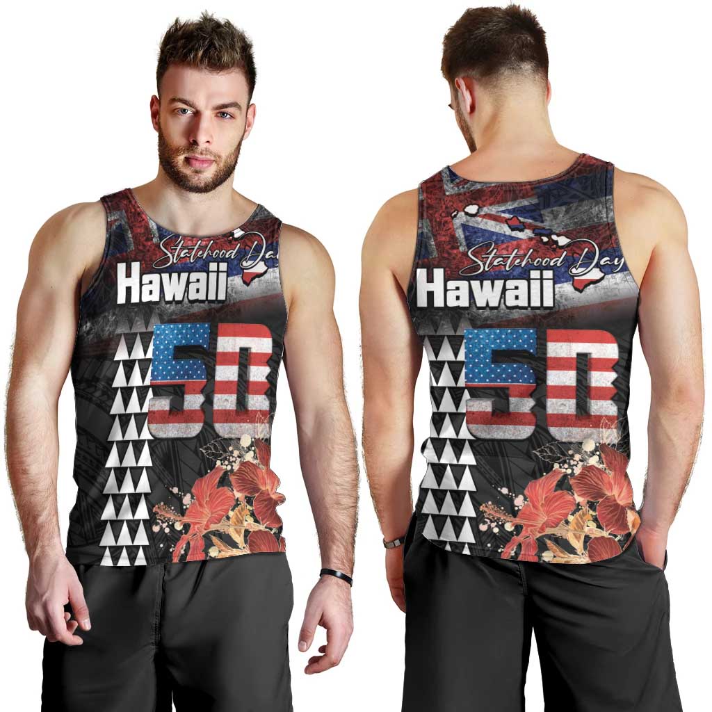 Hawaii Statehood Day Men Tank Top 50th state of the United States Kakau Tattoos and Hibiscus Grunge - Polynesian Pride