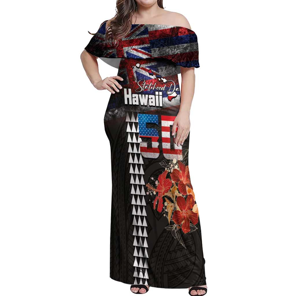 Hawaii Statehood Day Off Shoulder Maxi Dress 50th state of the United States Kakau Tattoos and Hibiscus Grunge - Polynesian Pride