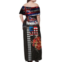 Hawaii Statehood Day Off Shoulder Maxi Dress 50th state of the United States Kakau Tattoos and Hibiscus Grunge - Polynesian Pride
