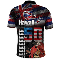 Hawaii Statehood Day Polo Shirt 50th state of the United States Kakau Tattoos and Hibiscus Grunge - Polynesian Pride