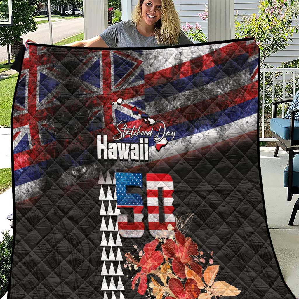 Hawaii Statehood Day Quilt 50th state of the United States Kakau Tattoos and Hibiscus Grunge - Polynesian Pride