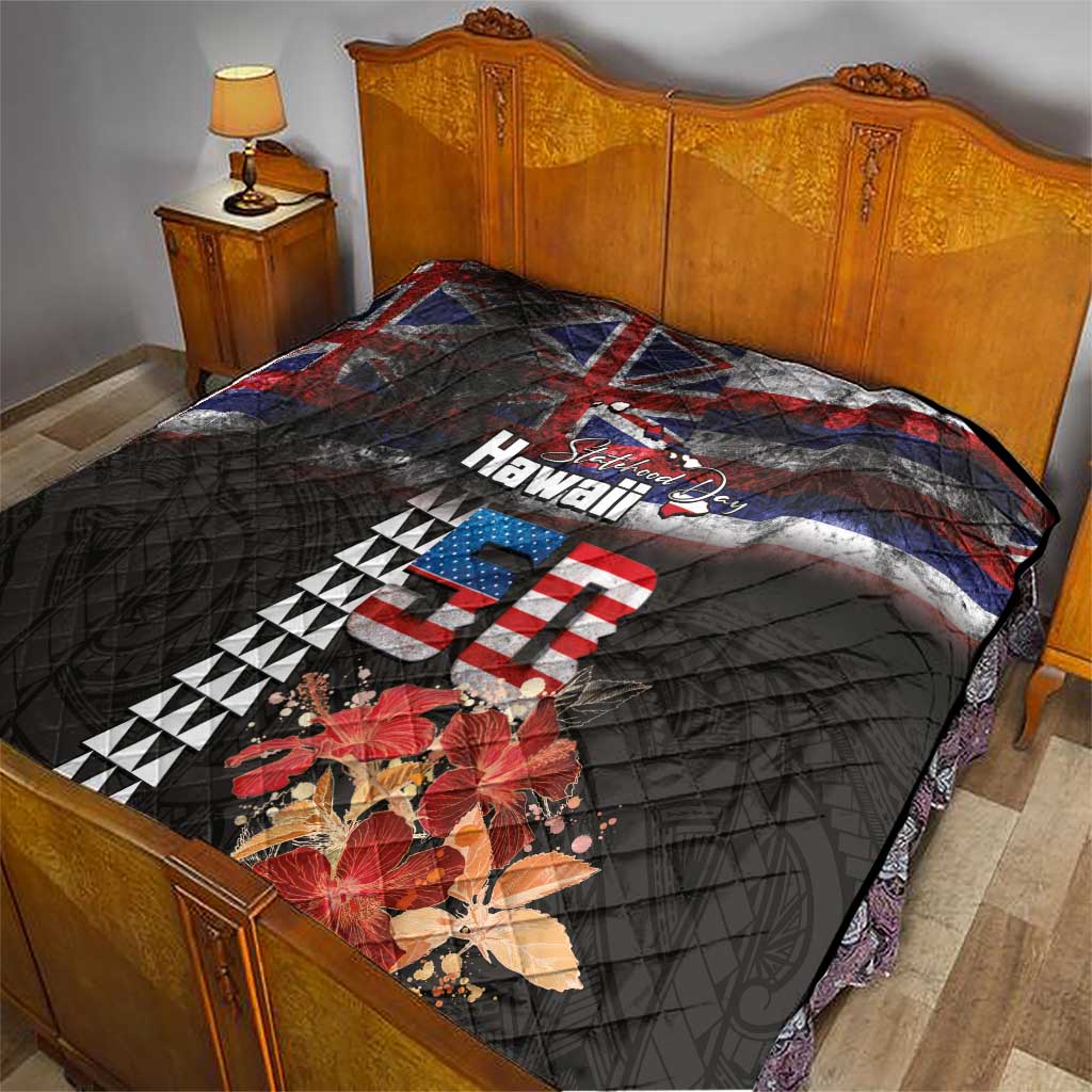 Hawaii Statehood Day Quilt 50th state of the United States Kakau Tattoos and Hibiscus Grunge - Polynesian Pride