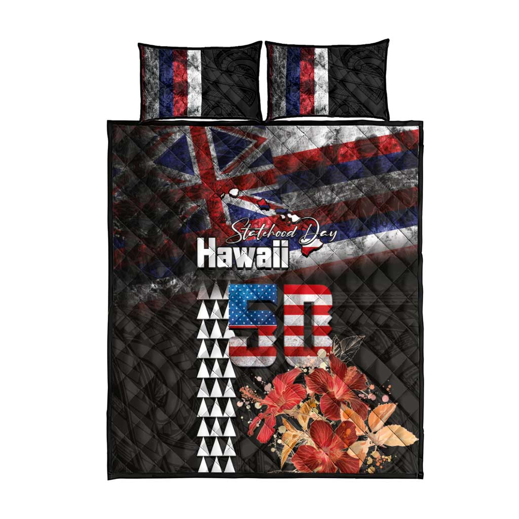 Hawaii Statehood Day Quilt Bed Set 50th state of the United States Kakau Tattoos and Hibiscus Grunge - Polynesian Pride