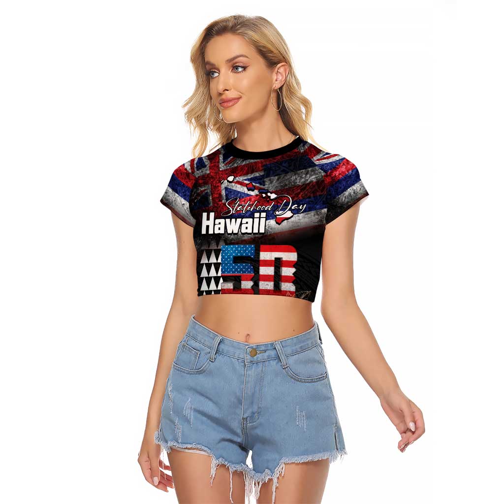 Hawaii Statehood Day Raglan Cropped T Shirt 50th state of the United States Kakau Tattoos and Hibiscus Grunge LT03 Female Black - Polynesian Pride