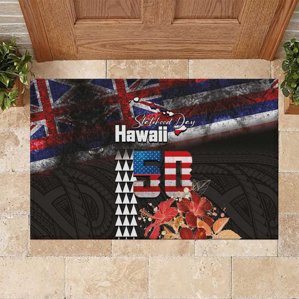 Hawaii Statehood Day Rubber Doormat 50th state of the United States Kakau Tattoos and Hibiscus Grunge - Polynesian Pride
