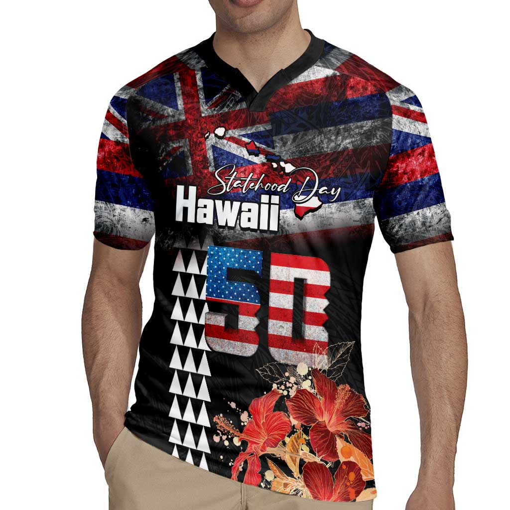 Hawaii Statehood Day Rugby Jersey 50th state of the United States Kakau Tattoos and Hibiscus Grunge - Polynesian Pride