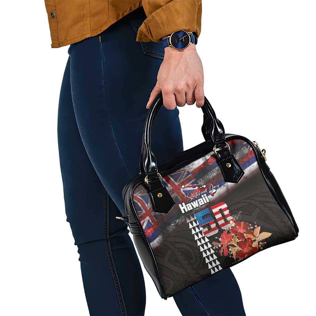 Hawaii Statehood Day Shoulder Handbag 50th state of the United States Kakau Tattoos and Hibiscus Grunge - Polynesian Pride