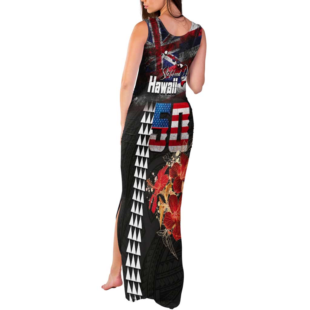 Hawaii Statehood Day Tank Maxi Dress 50th state of the United States Kakau Tattoos and Hibiscus Grunge - Polynesian Pride