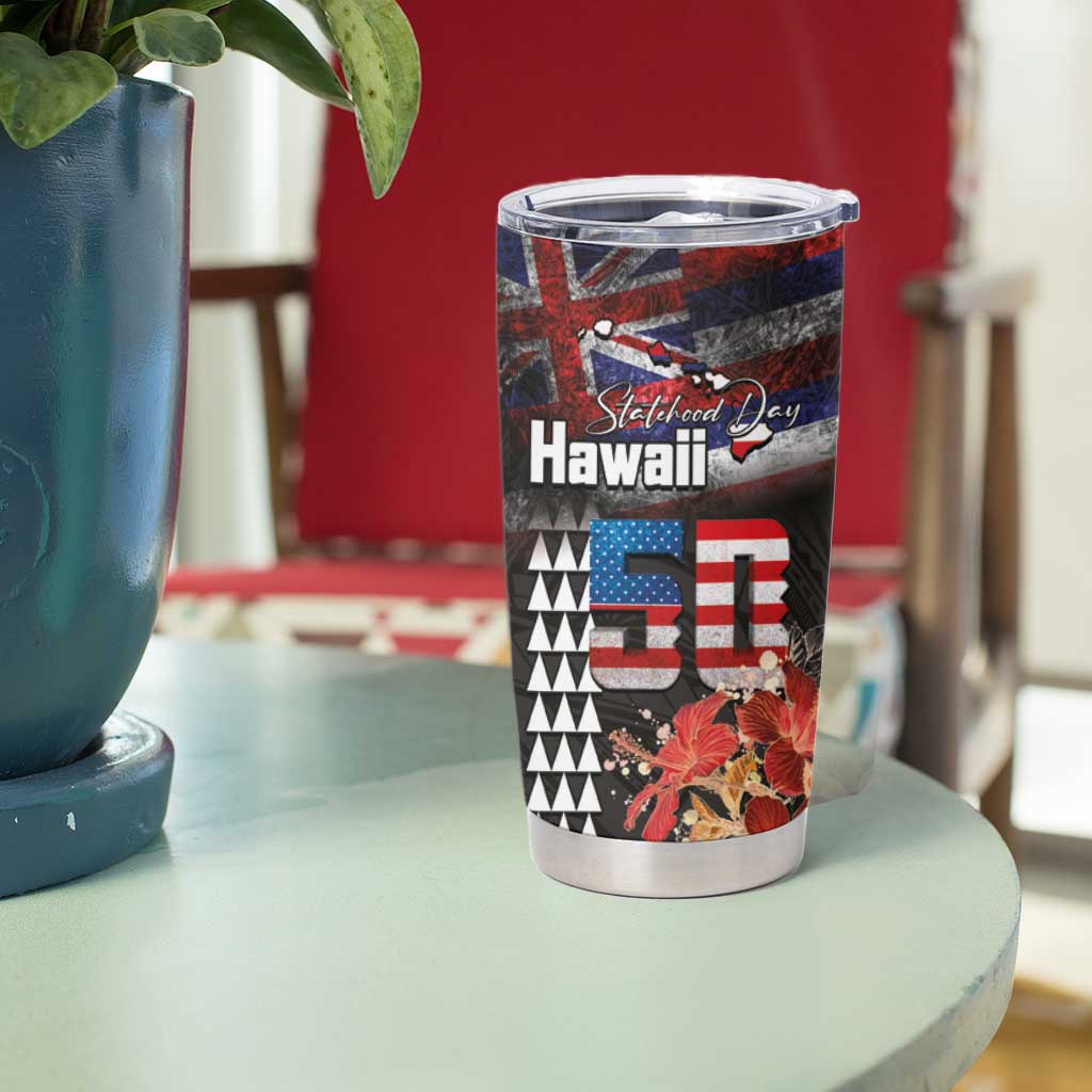 Hawaii Statehood Day Tumbler Cup 50th state of the United States Kakau Tattoos and Hibiscus Grunge - Polynesian Pride