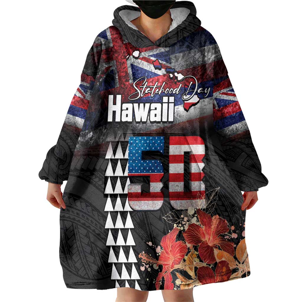 Hawaii Statehood Day Wearable Blanket Hoodie 50th state of the United States Kakau Tattoos and Hibiscus Grunge - Polynesian Pride