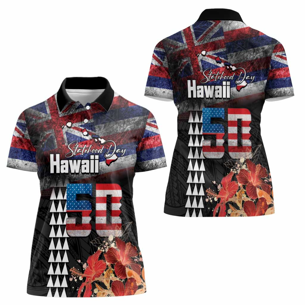 Hawaii Statehood Day Women Polo Shirt 50th state of the United States Kakau Tattoos and Hibiscus Grunge - Polynesian Pride
