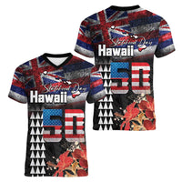 Hawaii Statehood Day Women V-Neck T-Shirt 50th state of the United States Kakau Tattoos and Hibiscus Grunge - Polynesian Pride