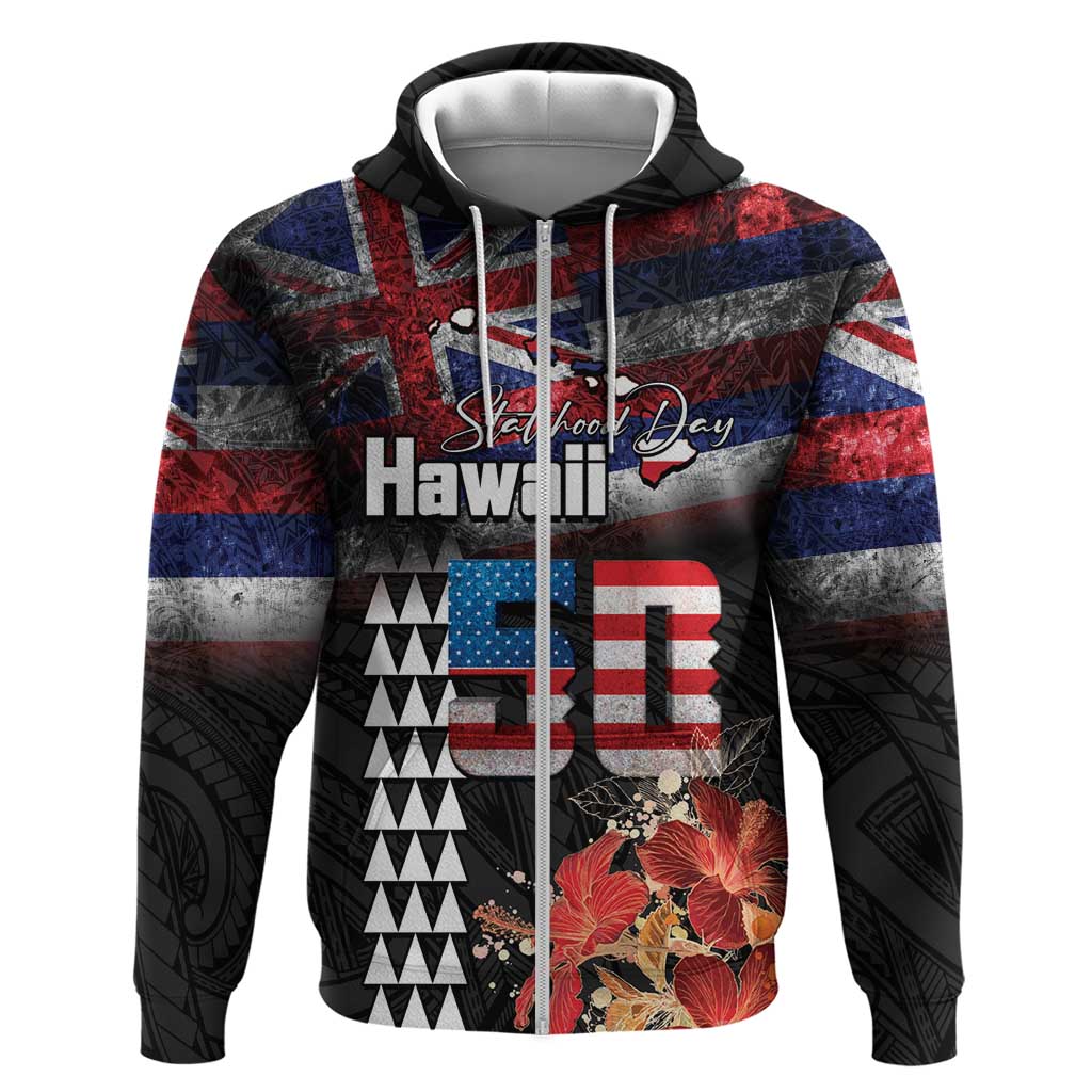 Hawaii Statehood Day Zip Hoodie 50th state of the United States Kakau Tattoos and Hibiscus Grunge - Polynesian Pride