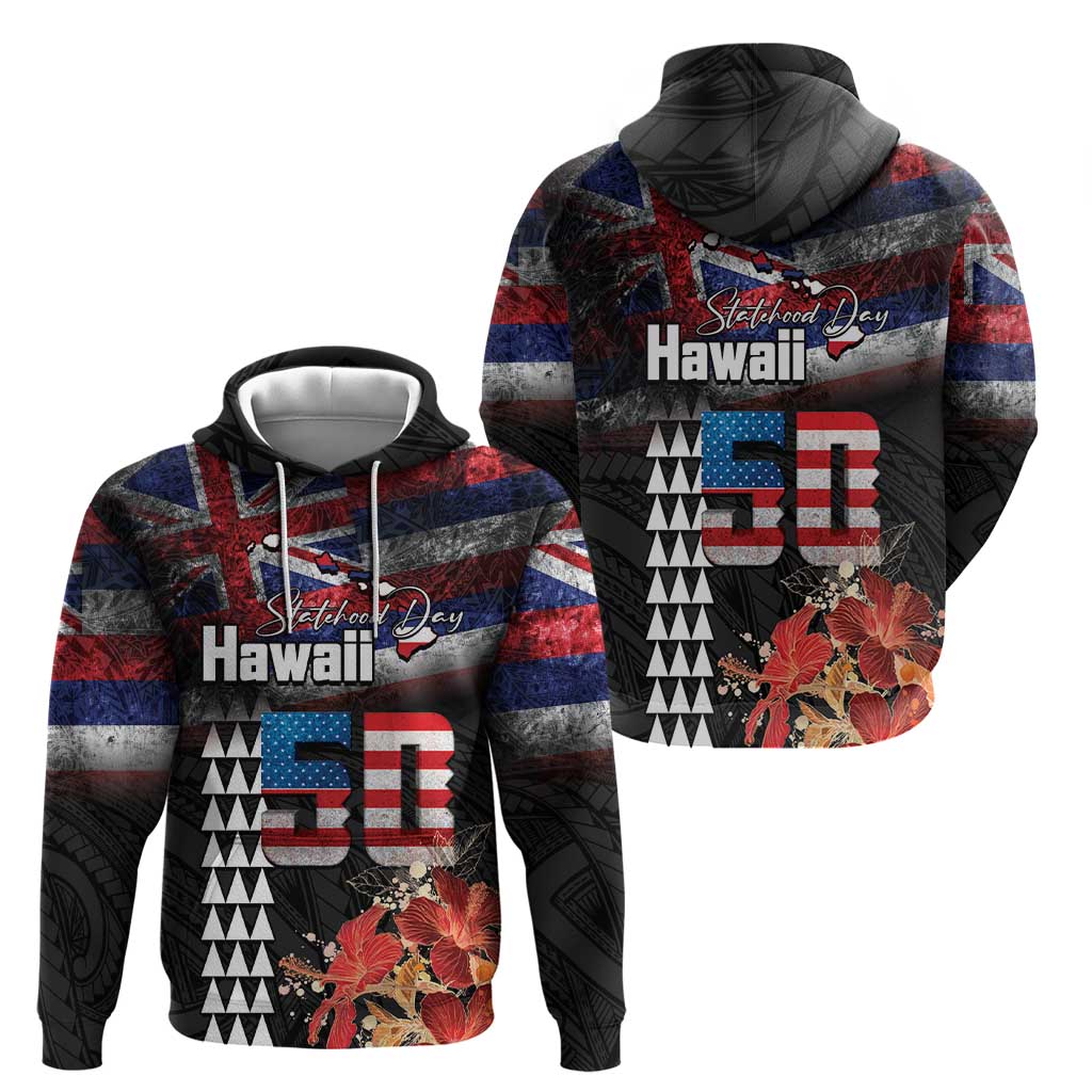Hawaii Statehood Day Zip Hoodie 50th state of the United States Kakau Tattoos and Hibiscus Grunge - Polynesian Pride