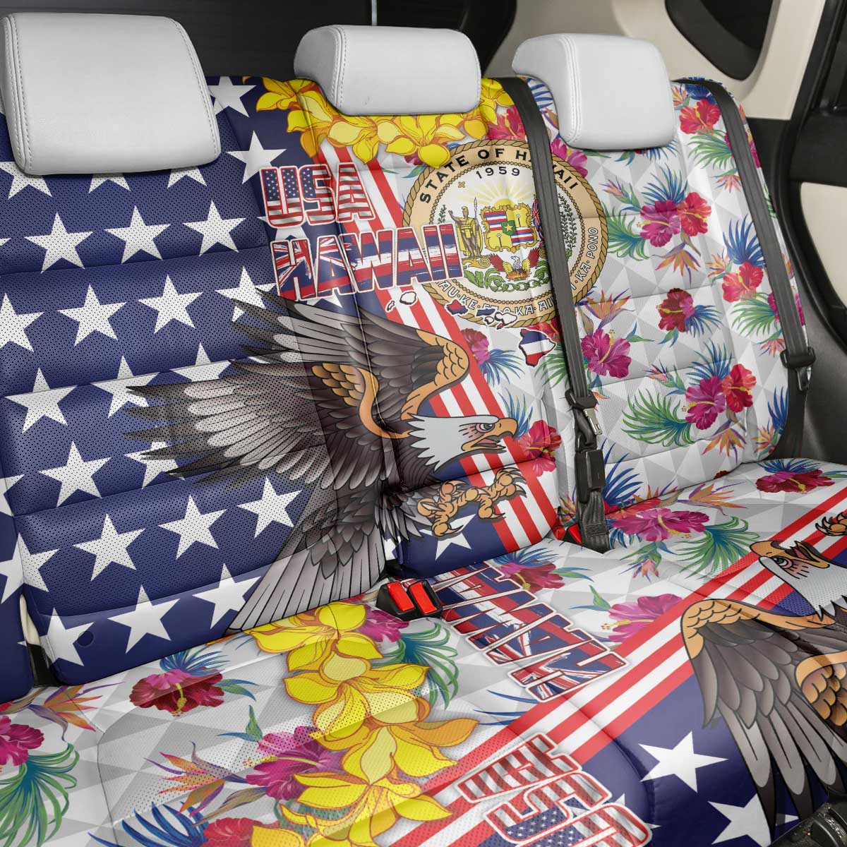 Hawaii and United States Together Back Car Seat Cover Seal of Hawaii and Bald Eagle - Polynesian Pride