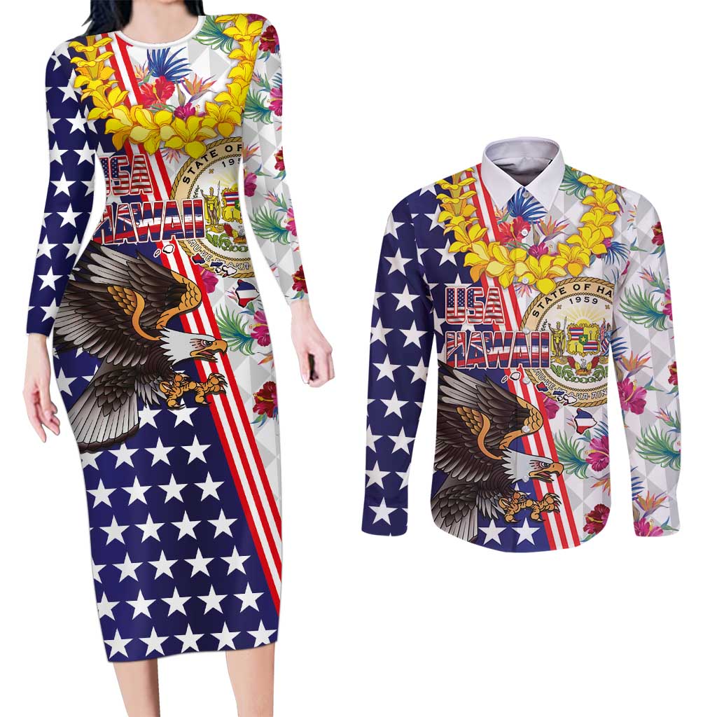 Hawaii and United States Together Couples Matching Long Sleeve Bodycon Dress and Long Sleeve Button Shirt Seal of Hawaii and Bald Eagle - Polynesian Pride