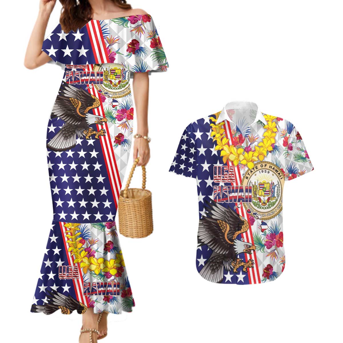 Hawaii and United States Together Couples Matching Mermaid Dress and Hawaiian Shirt Seal of Hawaii and Bald Eagle - Polynesian Pride