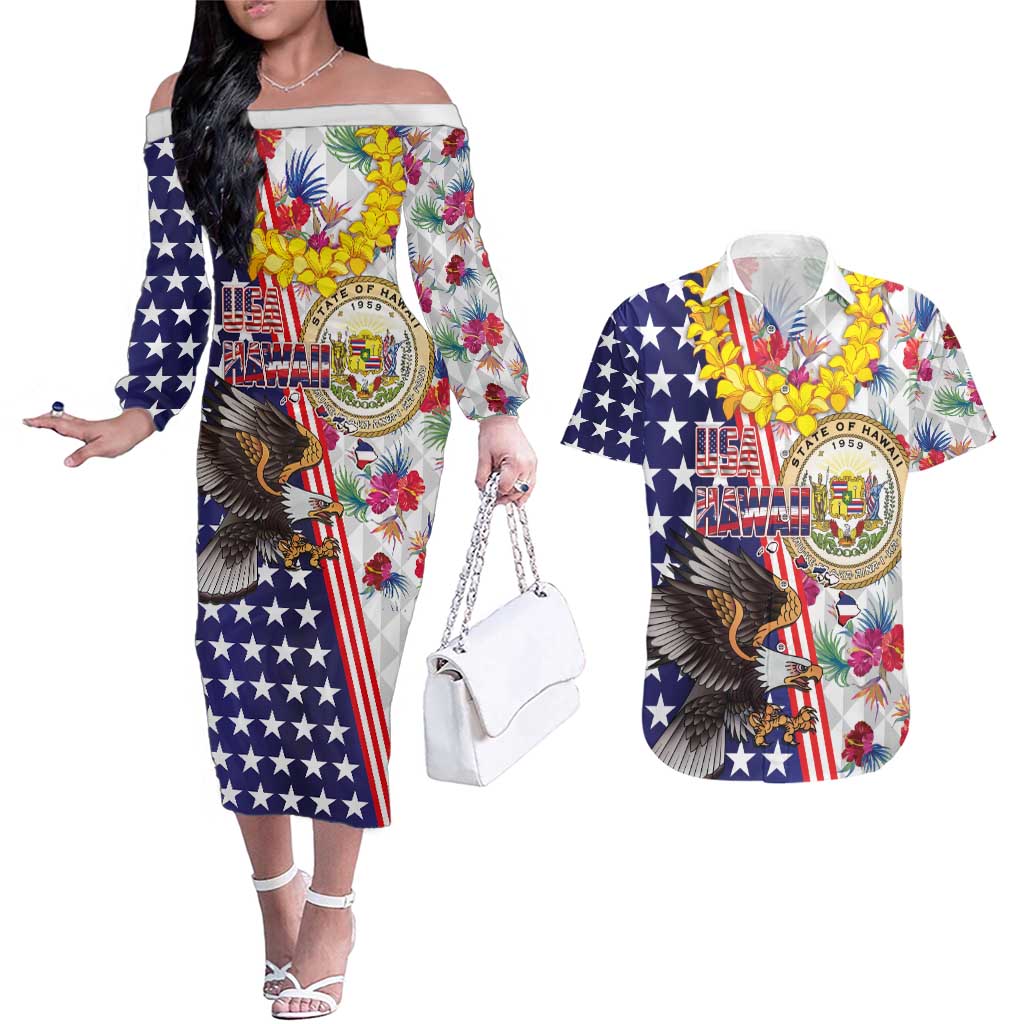 Hawaii and United States Together Couples Matching Off The Shoulder Long Sleeve Dress and Hawaiian Shirt Seal of Hawaii and Bald Eagle - Polynesian Pride