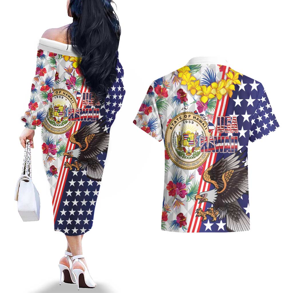 Hawaii and United States Together Couples Matching Off The Shoulder Long Sleeve Dress and Hawaiian Shirt Seal of Hawaii and Bald Eagle - Polynesian Pride