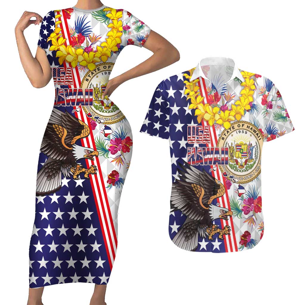 Hawaii and United States Together Couples Matching Short Sleeve Bodycon Dress and Hawaiian Shirt Seal of Hawaii and Bald Eagle - Polynesian Pride