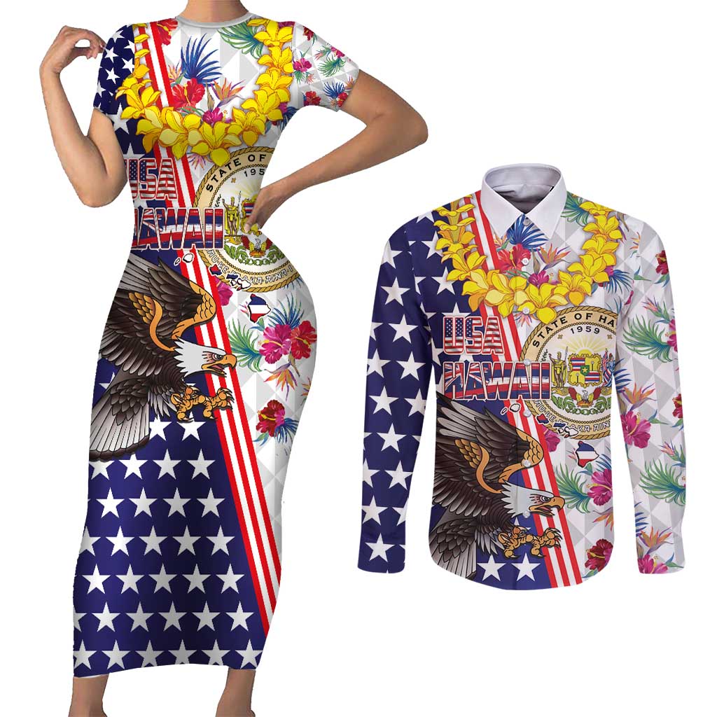 Hawaii and United States Together Couples Matching Short Sleeve Bodycon Dress and Long Sleeve Button Shirt Seal of Hawaii and Bald Eagle - Polynesian Pride