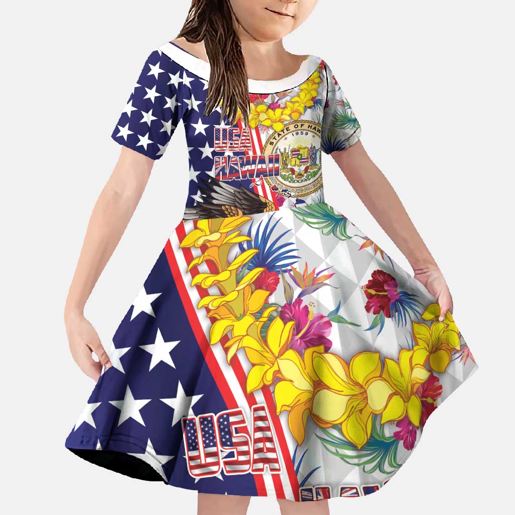 Hawaii and United States Together Family Matching Long Sleeve Bodycon Dress and Hawaiian Shirt Seal of Hawaii and Bald Eagle LT03 Daughter's Dress White - Polynesian Pride