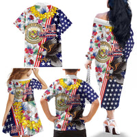 Hawaii and United States Together Family Matching Off The Shoulder Long Sleeve Dress and Hawaiian Shirt Seal of Hawaii and Bald Eagle - Polynesian Pride