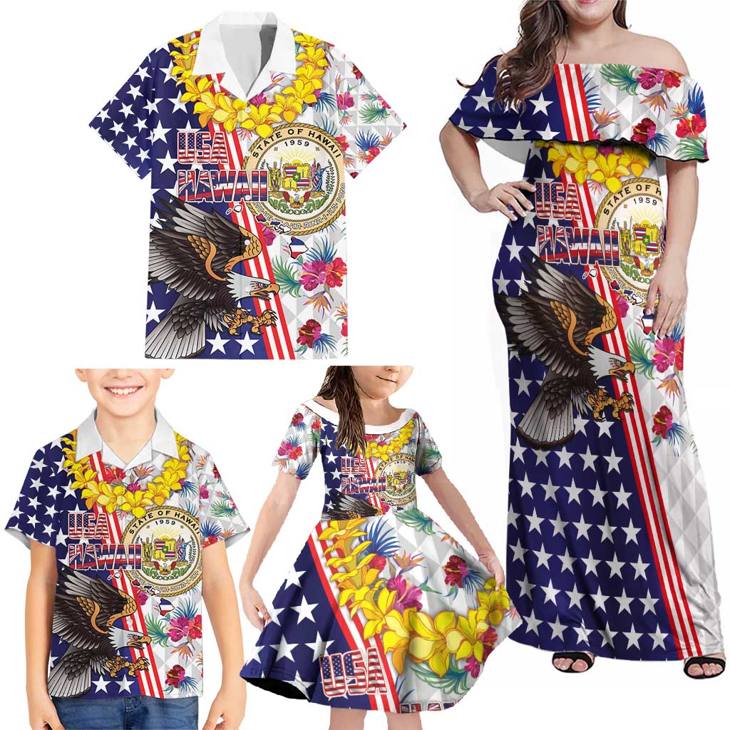Hawaii and United States Together Family Matching Off Shoulder Maxi Dress and Hawaiian Shirt Seal of Hawaii and Bald Eagle - Polynesian Pride