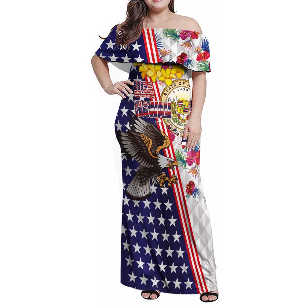 Hawaii and United States Together Family Matching Off Shoulder Maxi Dress and Hawaiian Shirt Seal of Hawaii and Bald Eagle - Polynesian Pride