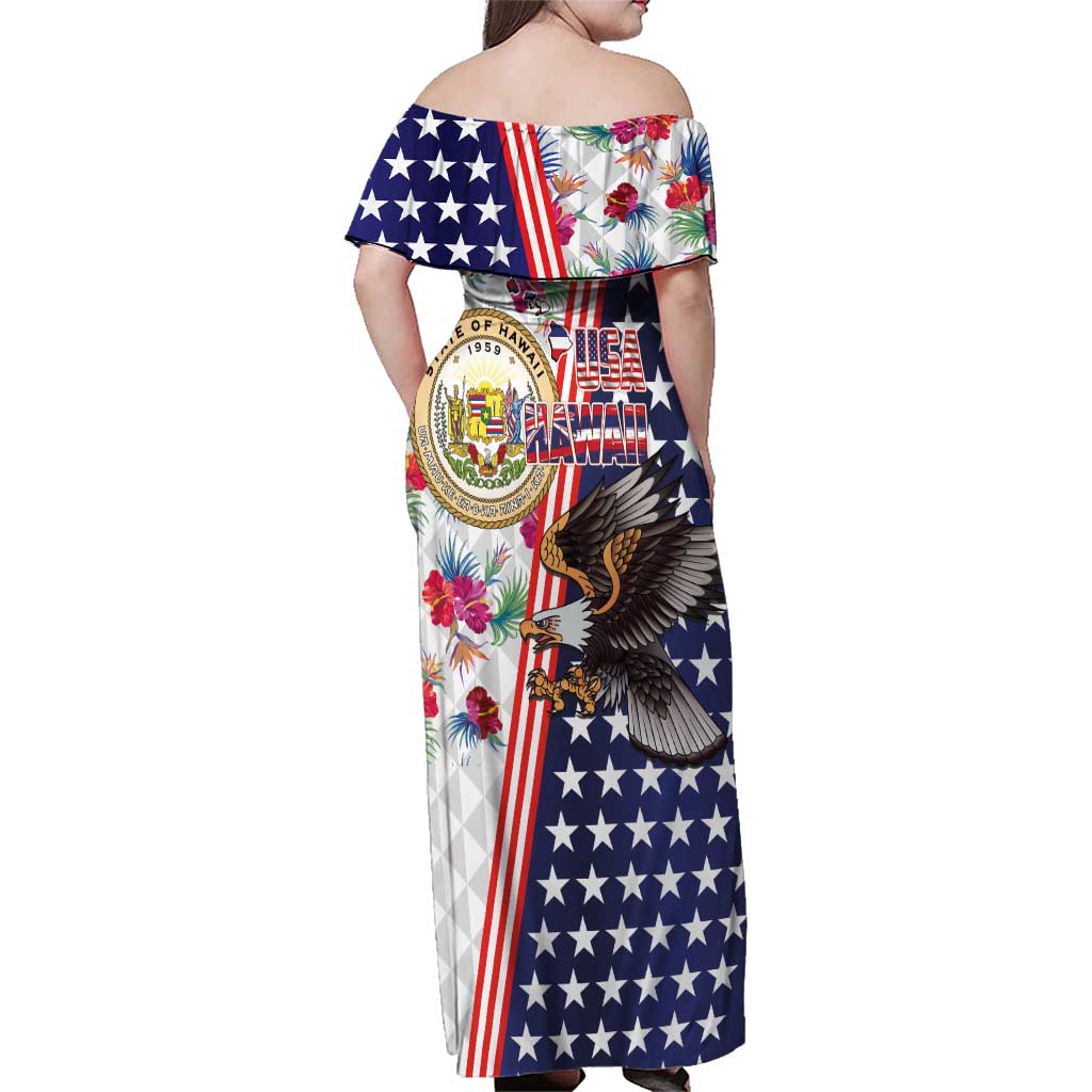 Hawaii and United States Together Family Matching Off Shoulder Maxi Dress and Hawaiian Shirt Seal of Hawaii and Bald Eagle - Polynesian Pride