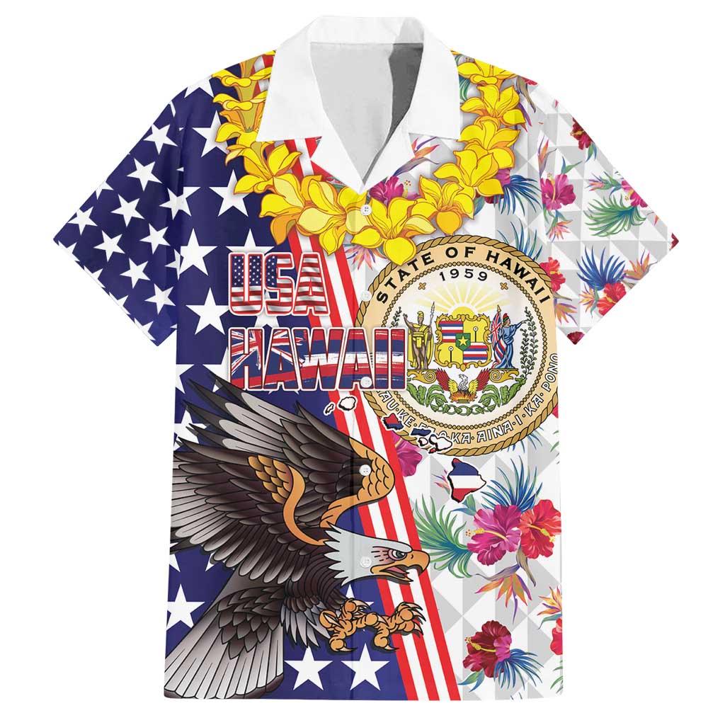 Hawaii and United States Together Family Matching Off Shoulder Short Dress and Hawaiian Shirt Seal of Hawaii and Bald Eagle - Polynesian Pride