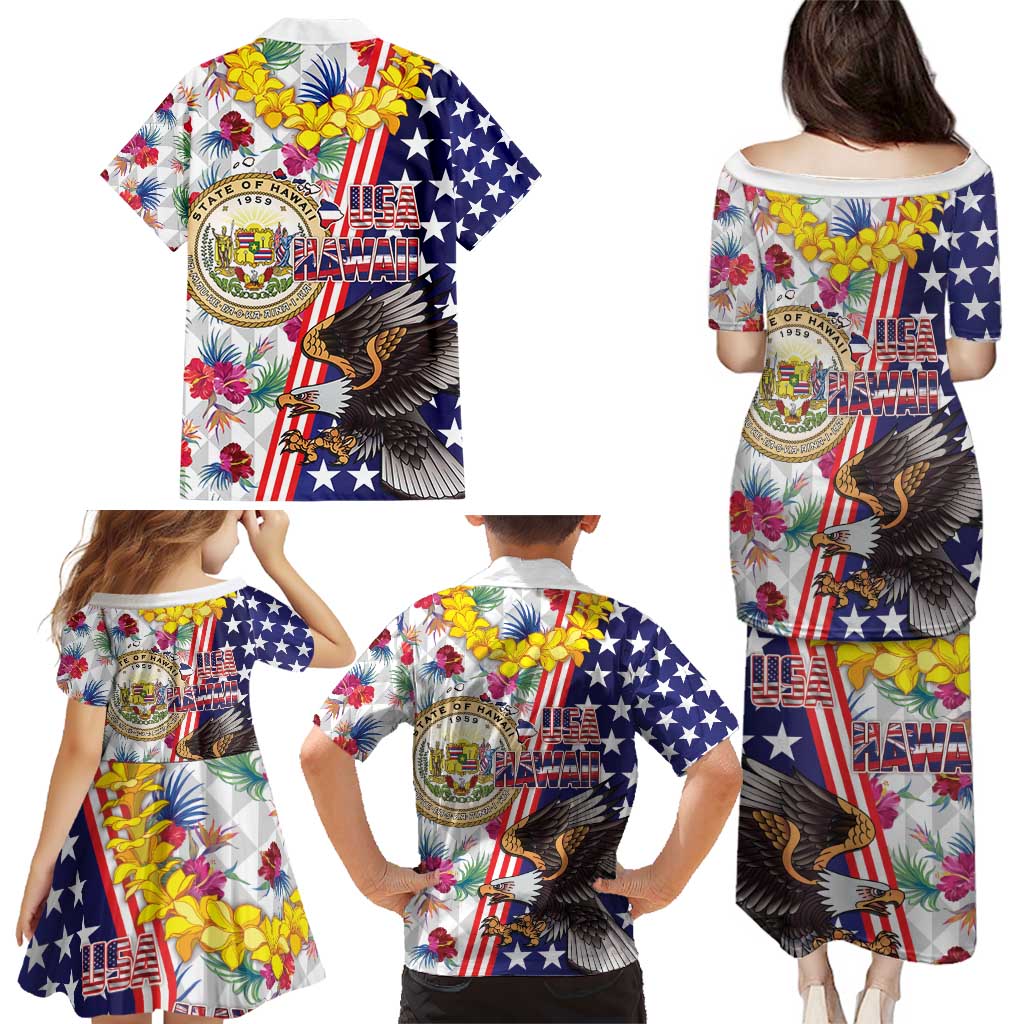 Hawaii and United States Together Family Matching Puletasi and Hawaiian Shirt Seal of Hawaii and Bald Eagle - Polynesian Pride