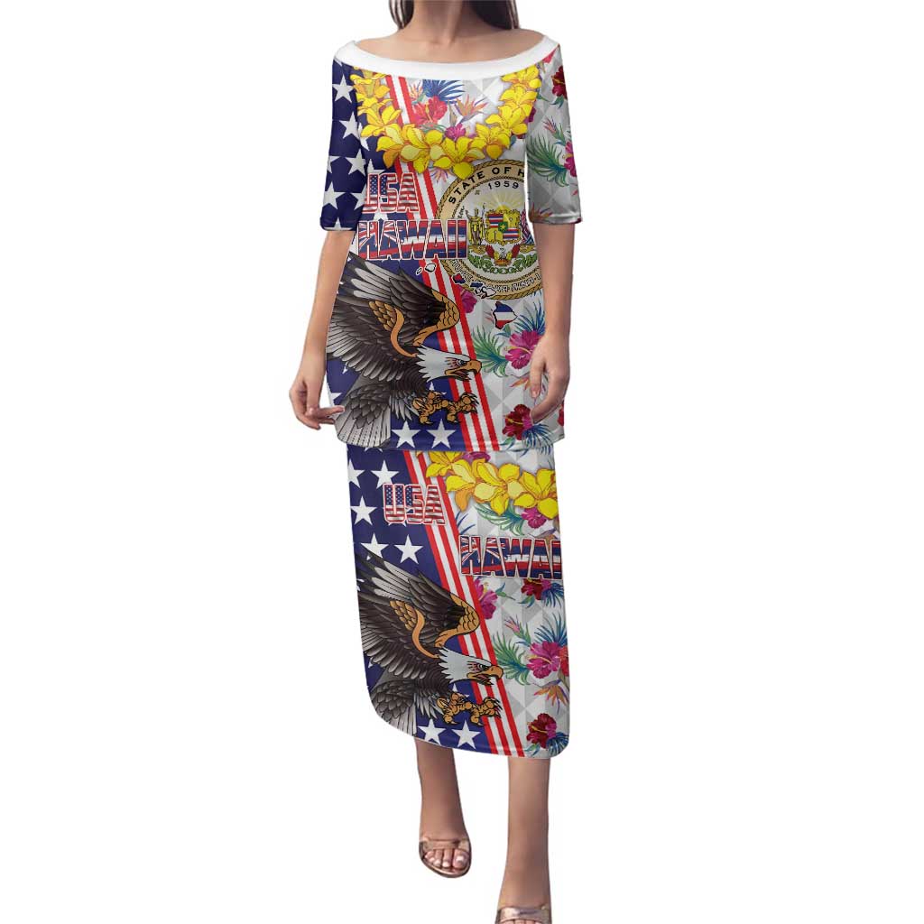 Hawaii and United States Together Family Matching Puletasi and Hawaiian Shirt Seal of Hawaii and Bald Eagle - Polynesian Pride