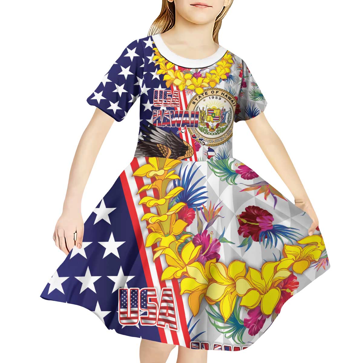 Hawaii and United States Together Kid Short Sleeve Dress Seal of Hawaii and Bald Eagle - Polynesian Pride
