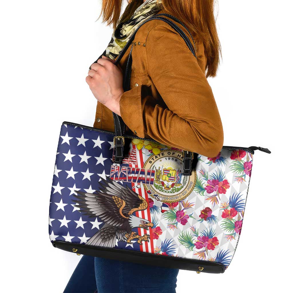 Hawaii and United States Together Leather Tote Bag Seal of Hawaii and Bald Eagle - Polynesian Pride