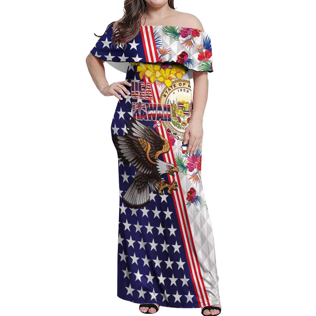 Hawaii and United States Together Off Shoulder Maxi Dress Seal of Hawaii and Bald Eagle - Polynesian Pride