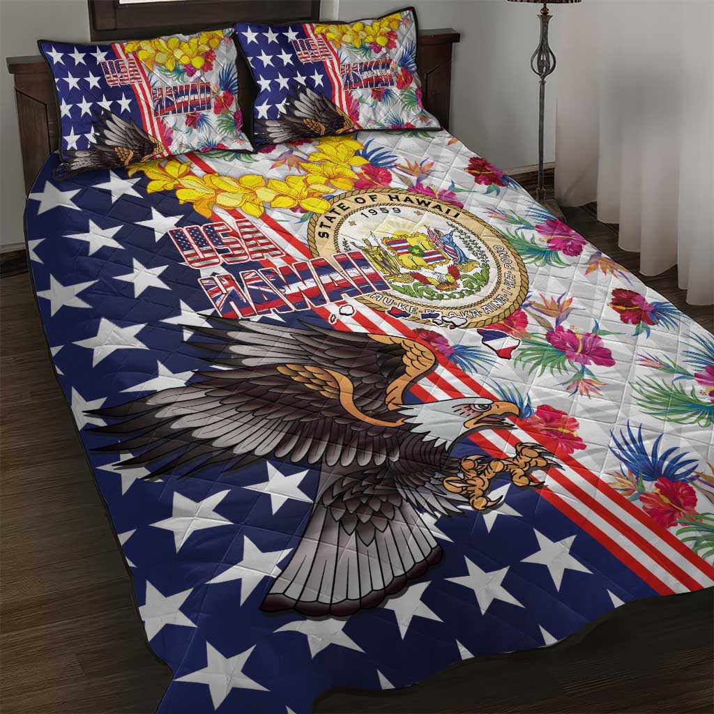 Hawaii and United States Together Quilt Bed Set Seal of Hawaii and Bald Eagle - Polynesian Pride
