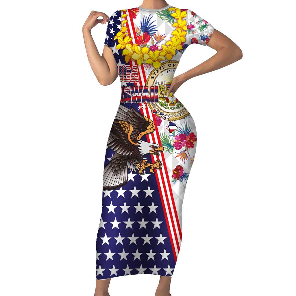 Hawaii and United States Together Short Sleeve Bodycon Dress Seal of Hawaii and Bald Eagle - Polynesian Pride