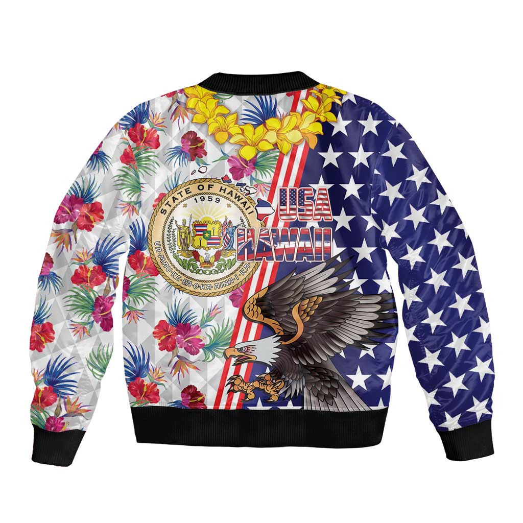 Hawaii and United States Together Sleeve Zip Bomber Jacket Seal of Hawaii and Bald Eagle - Polynesian Pride