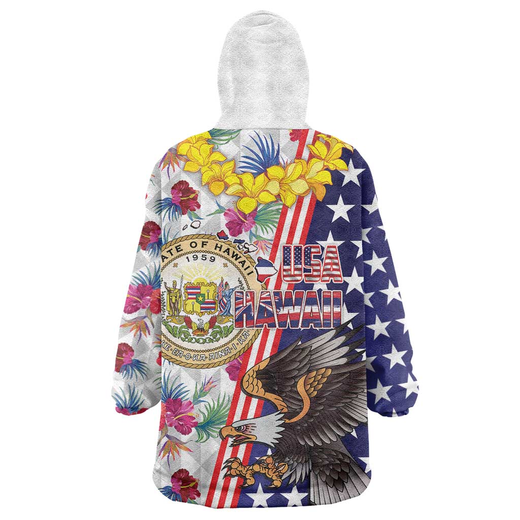 Hawaii and United States Together Wearable Blanket Hoodie Seal of Hawaii and Bald Eagle - Polynesian Pride